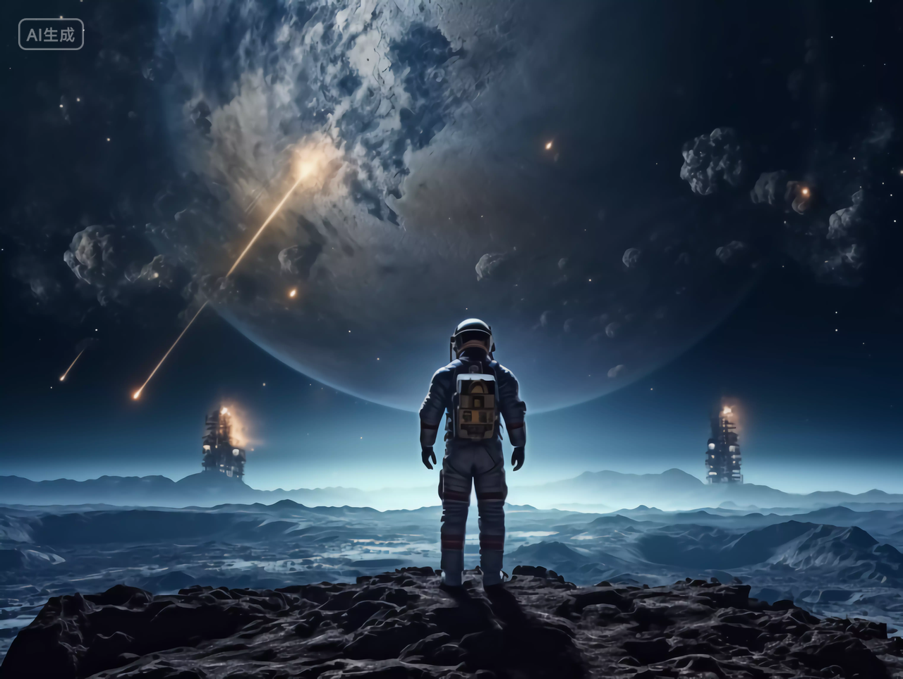 航天科技概念宇航员在宇宙太空中远眺的背影图太空壁纸