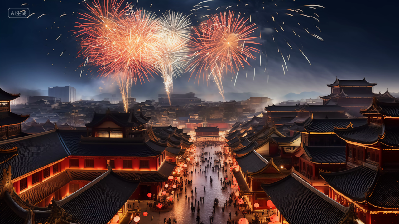 国庆节城市建筑上空绽放的绚丽烟花五颜六色焰火新年庆祝喜庆