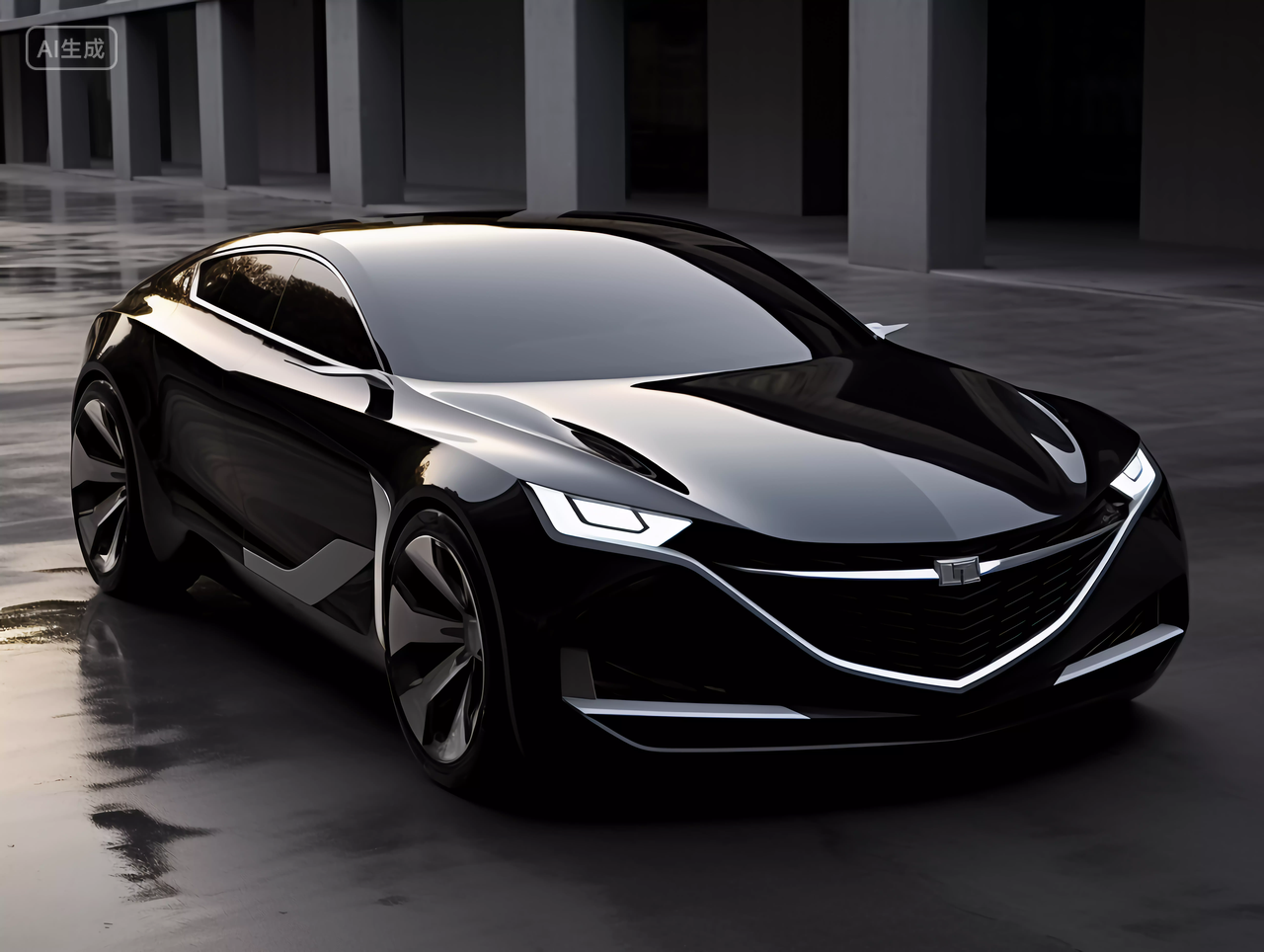 经典黑色汽车跑车停在雨后的地面上