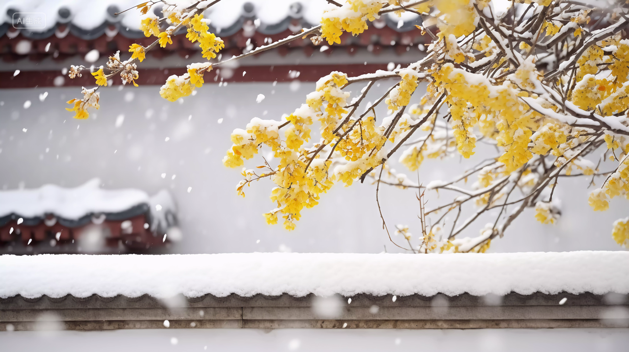 雪中的白墙瓦片积雪与黄色腊梅绽放风景壁纸