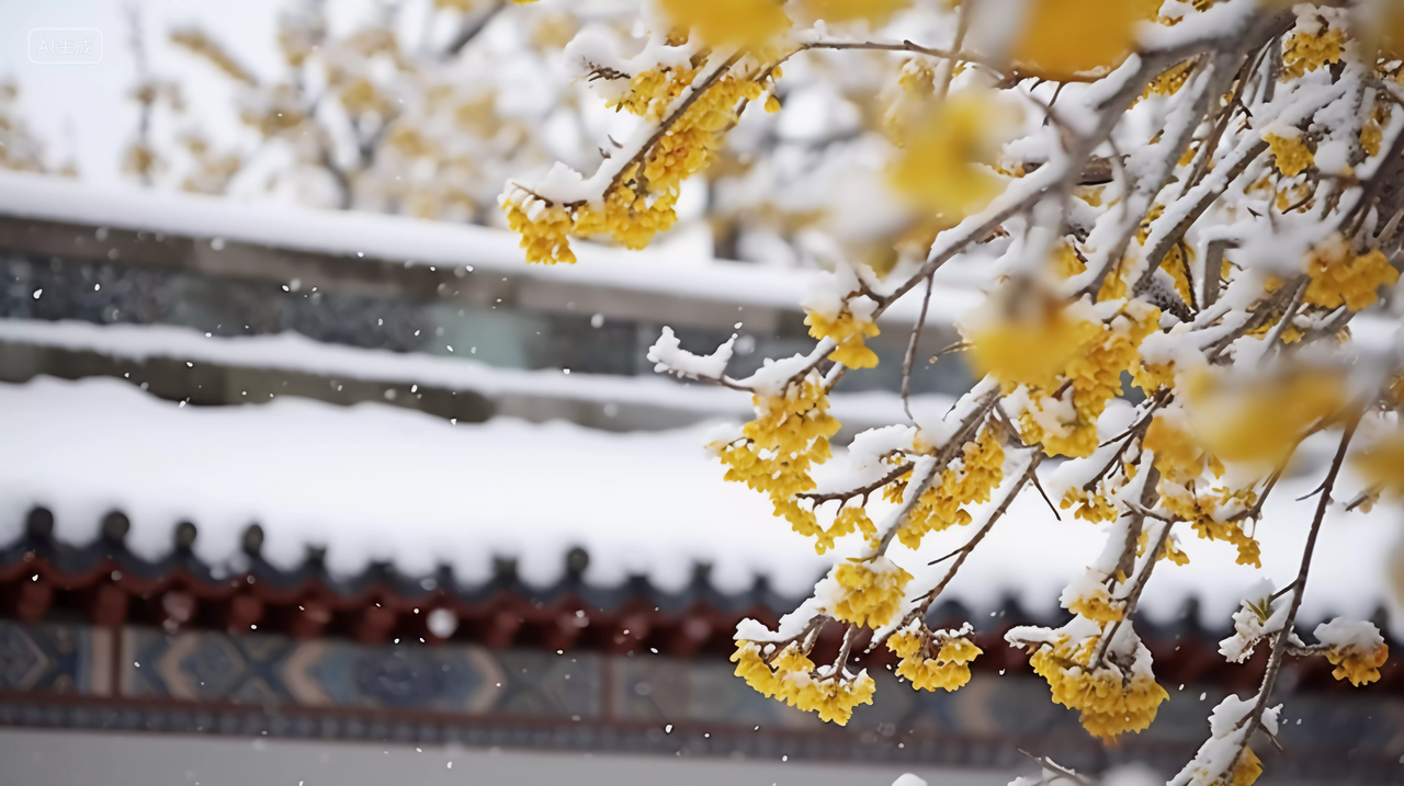 雪中的白墙瓦片积雪与黄色腊梅绽放风景壁纸