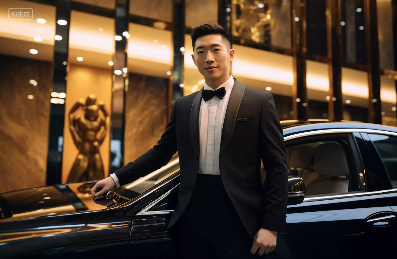 年轻的男招待站在豪华汽车前等候为您开车门