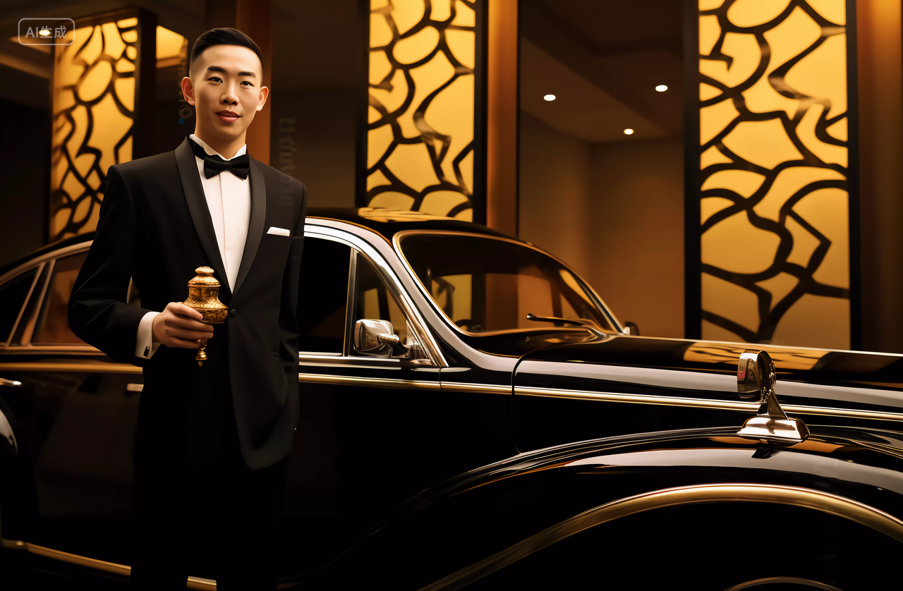年轻的男招待站在豪华汽车前等候为您开车门
