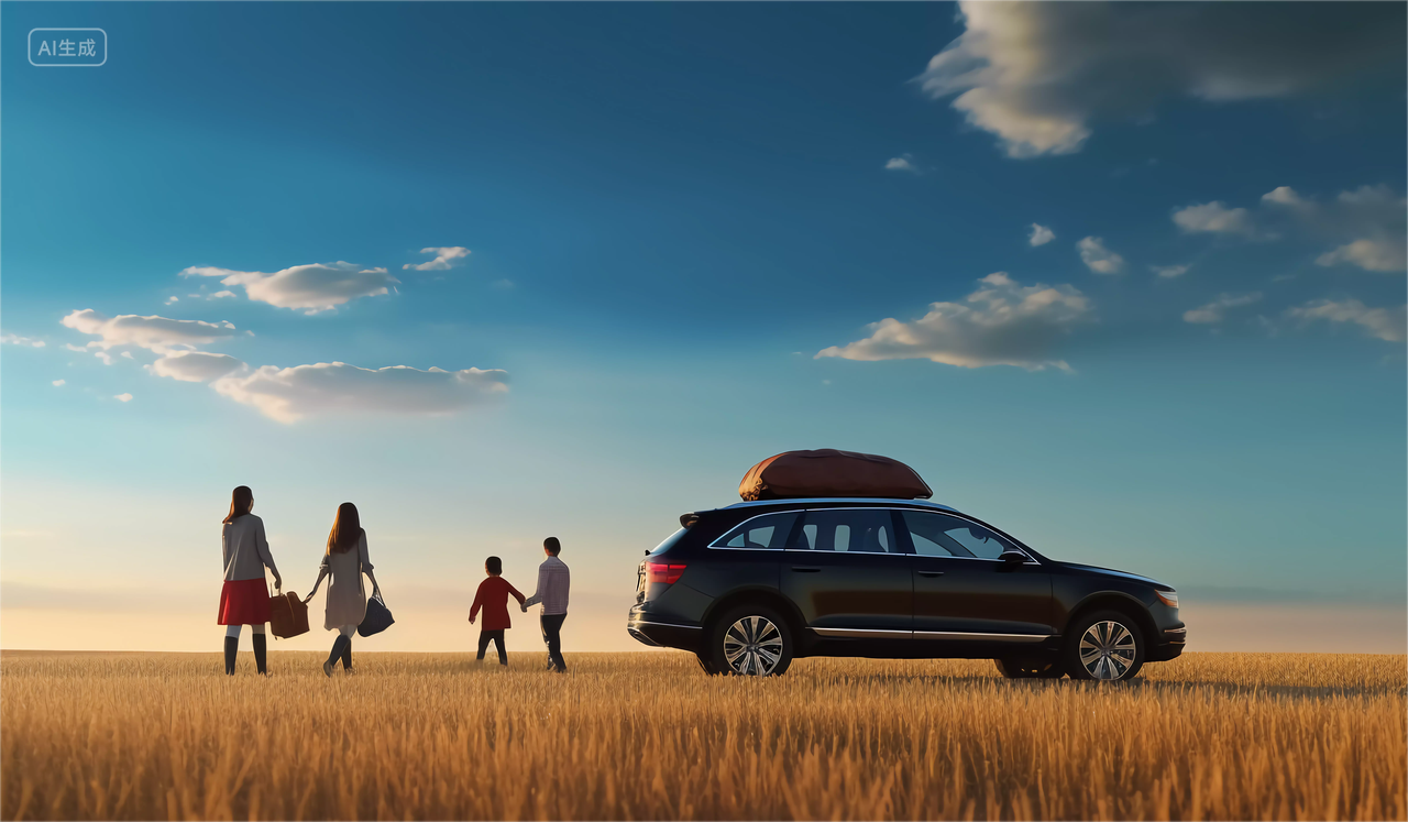 幸福家庭一家人户外野外汽车旅行生活浪漫温馨