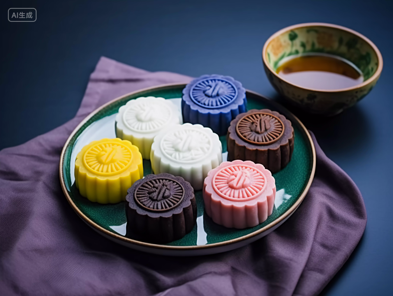 盘子里的彩色冰皮月饼五颜六色的月饼中秋圆月中国传统节日八月中秋节糕点配图美食