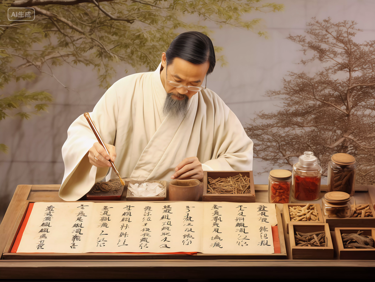 白发的传统中医治病写药方配药场景图中国文化草本中药身体保养