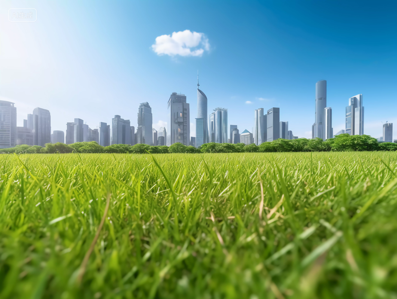 公园草地和城市建筑绿色草地春天清新风景美丽的大自然太阳阳光