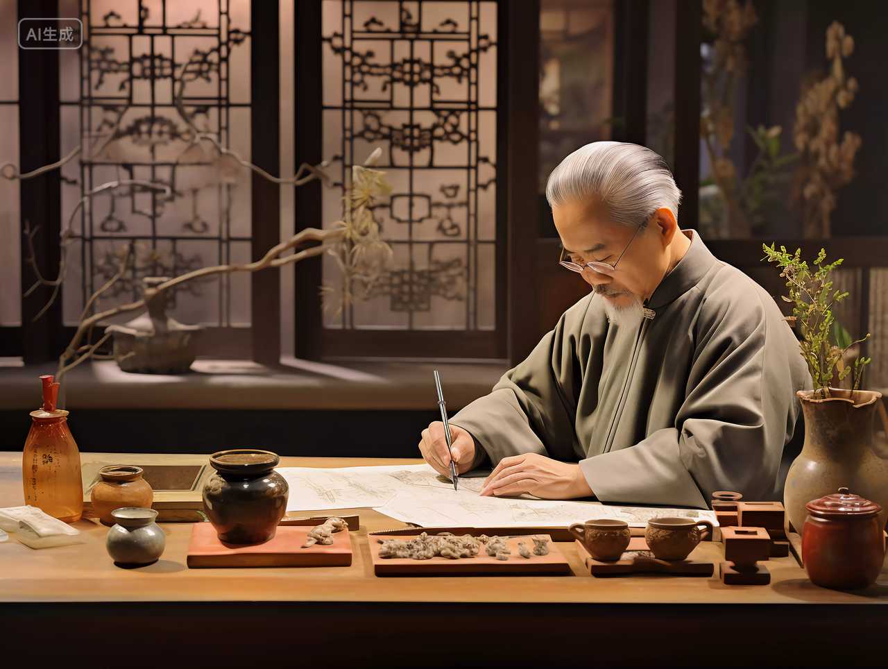 白发的传统中医治病写药方配药场景图中国文化草本中药身体保养