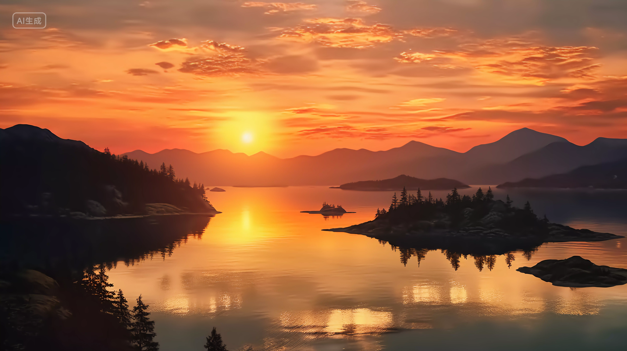 天空夕阳下的山水晚霞霞光湖面倒影意境自然景色山湖风景旅游宣传梦幻唯美壁纸电脑壁纸