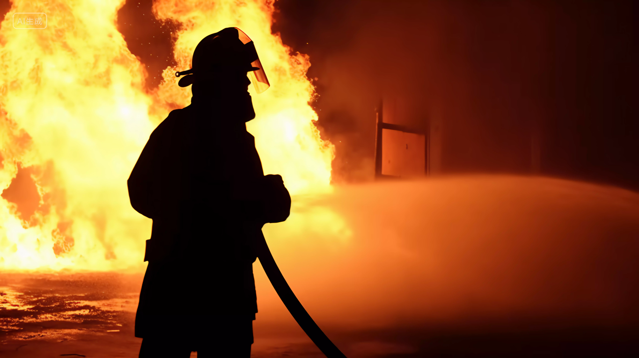 灭火中的消防员剪影119火警消防员在火灾中紧急救火全国消防日