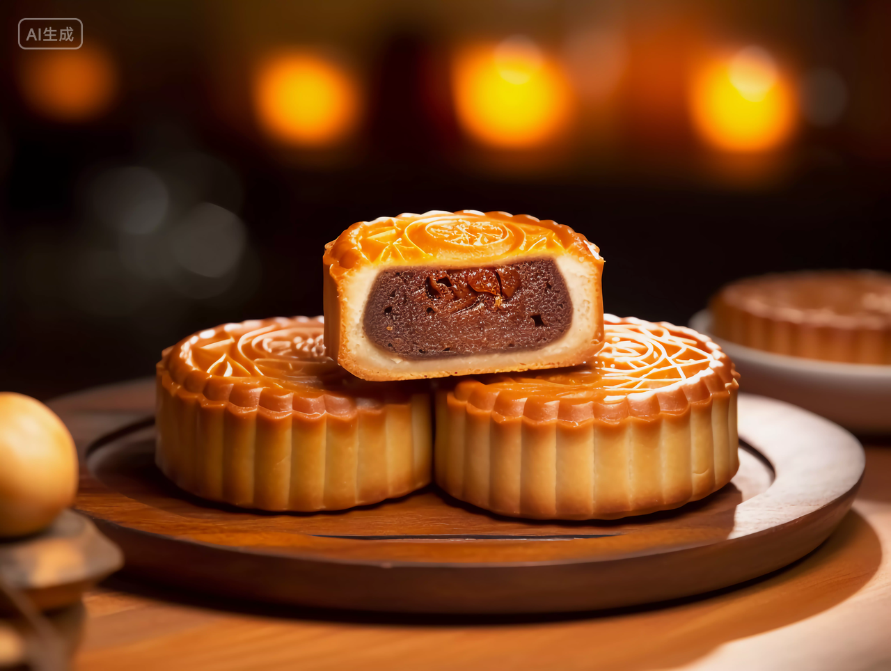 切开的月饼豆沙馅中国传统节日八月中秋月饼糕点配图美食