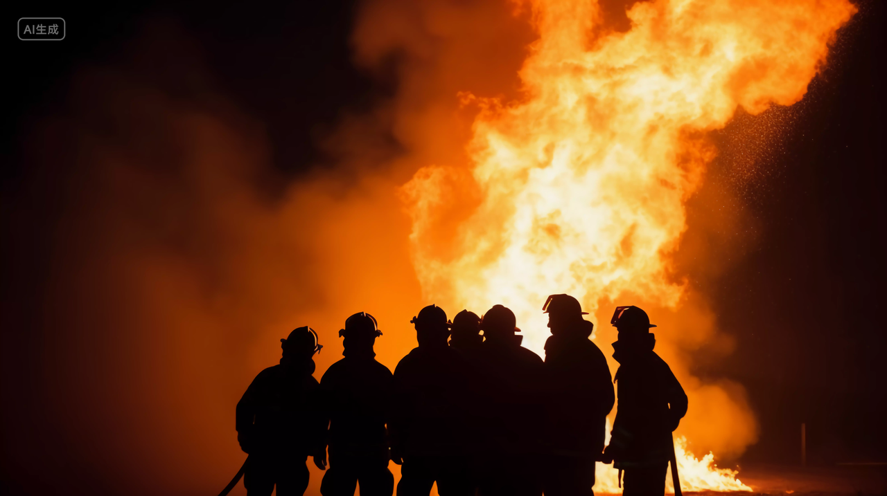 灭火中的消防员剪影119火警消防员在火灾中紧急救火全国消防日