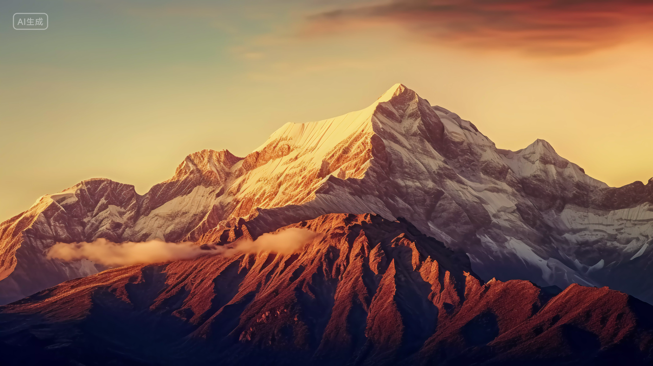 日照金山夕阳蓝天背景下的雪山山天空雪景景观自然风景美丽的大自然旅游宣传壁纸电脑壁纸