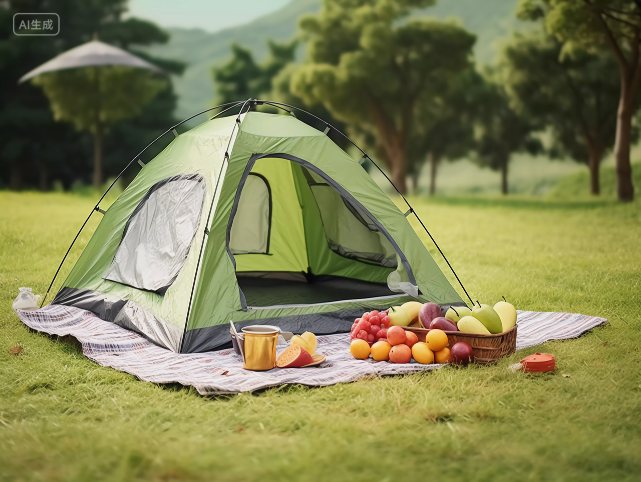 绿色帐篷草地上的露营装备绿色草地春天清新风景美丽的大自然