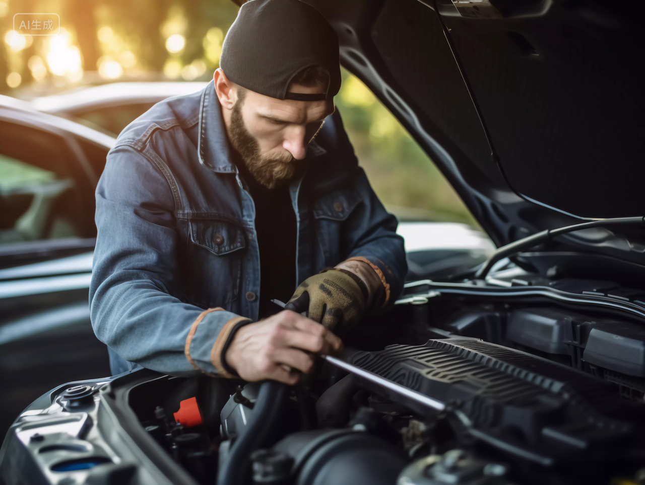 汽车修理人员汽修工人维修汽车的细节场景