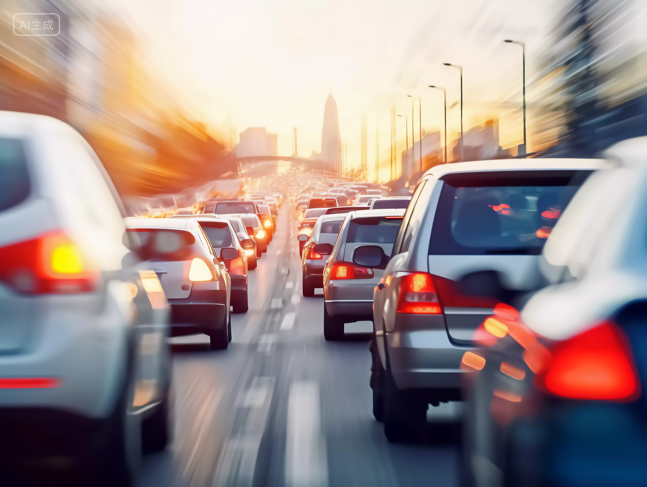 夕阳下城市街道繁忙的汽车交通驾驶场景