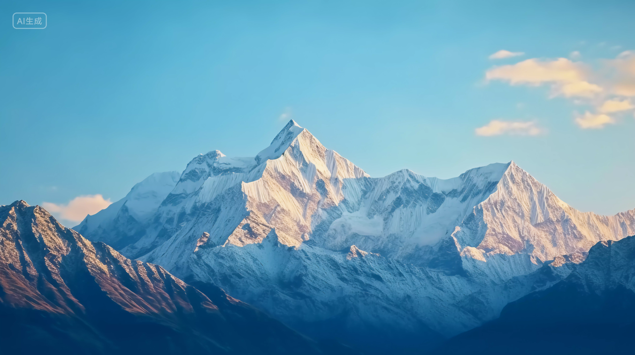 日照金山蓝天背景下的雪山山雪景景观自然风景美丽的大自然旅游宣传壁纸电脑壁纸