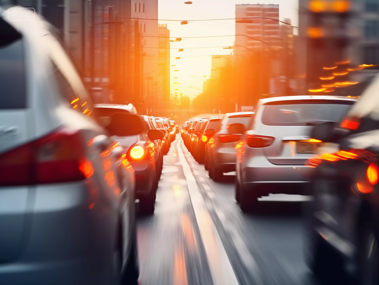 夕阳下城市街道繁忙的汽车交通驾驶场景