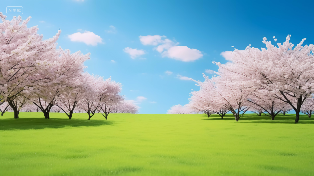 绿色草地与粉色樱花树春天清新风景美丽的大自然青草植物