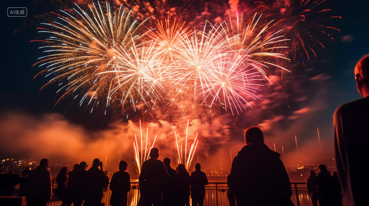 国庆节浪漫江边节日烟花绚丽焰火围观的人群背影新年庆祝喜庆