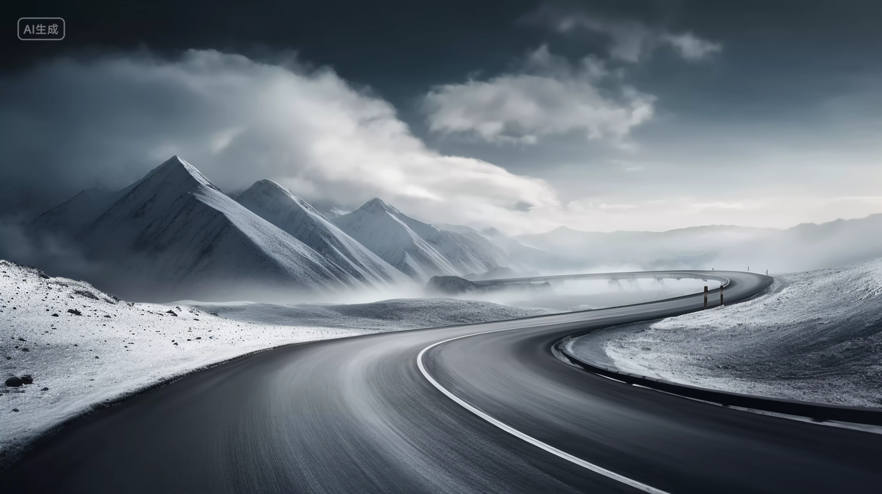 雪山上的公路弯道山多云阴天天空雪景景观自然风景美丽的大自然