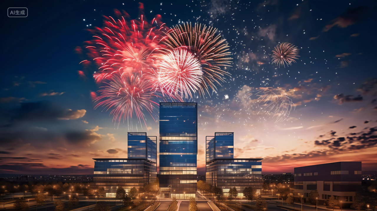 国庆节城市建筑上空绽放的绚丽烟花五颜六色焰火新年庆祝喜庆