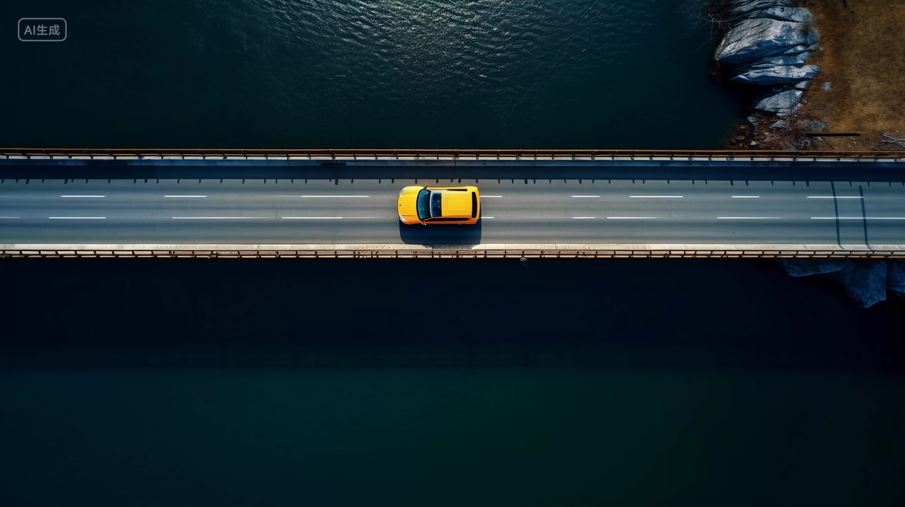 海边笔直公路上行驶的汽车俯视图