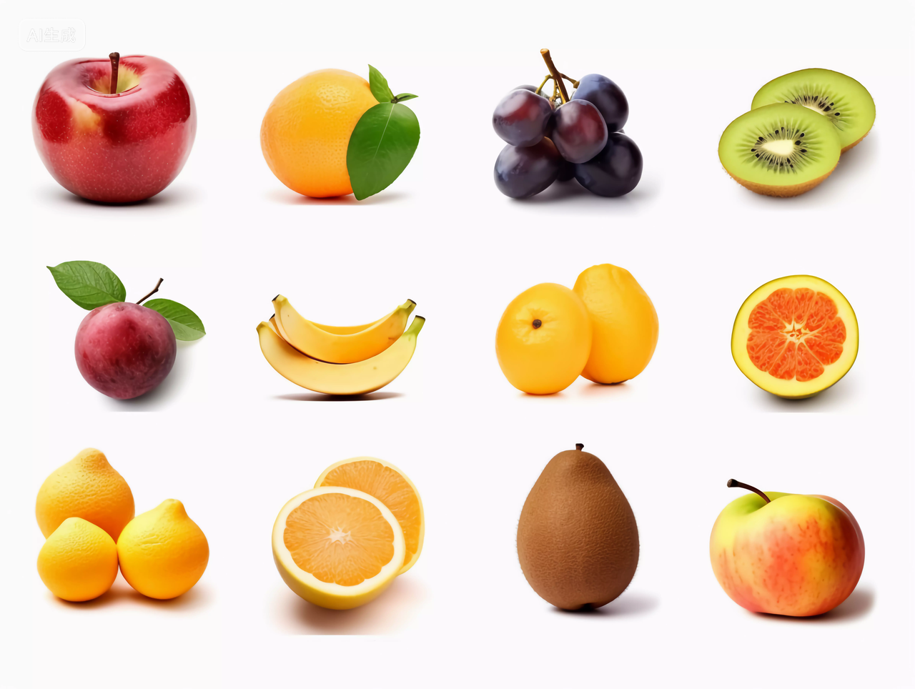 橙子柚子橘子苹果猕猴桃香蕉葡萄菠萝各种各样新鲜水果健康生活营养有机水果拼贴展示图白底