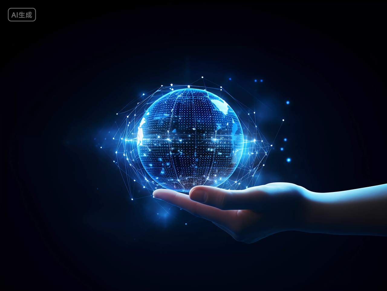 人工智能AI未来科技机械手臂3D机器人手技术和科学概念科技蓝色手掌与点线框架球形