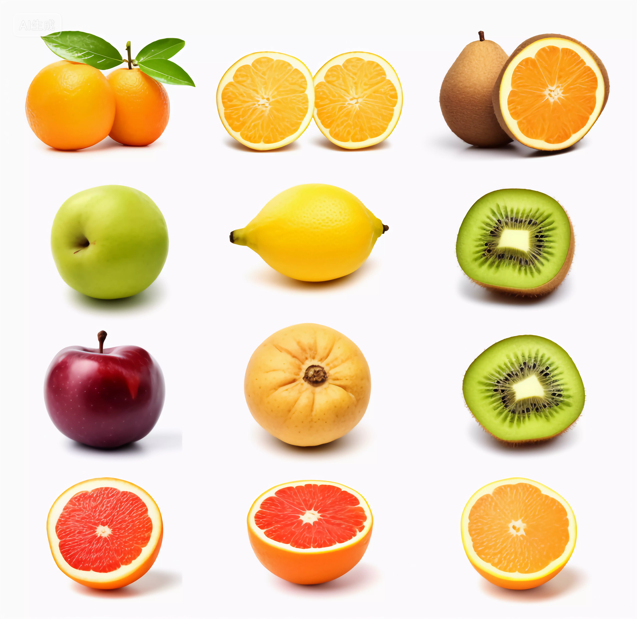 橙子柚子橘子苹果猕猴桃香蕉葡萄菠萝各种各样新鲜水果健康生活营养有机水果拼贴展示图白底