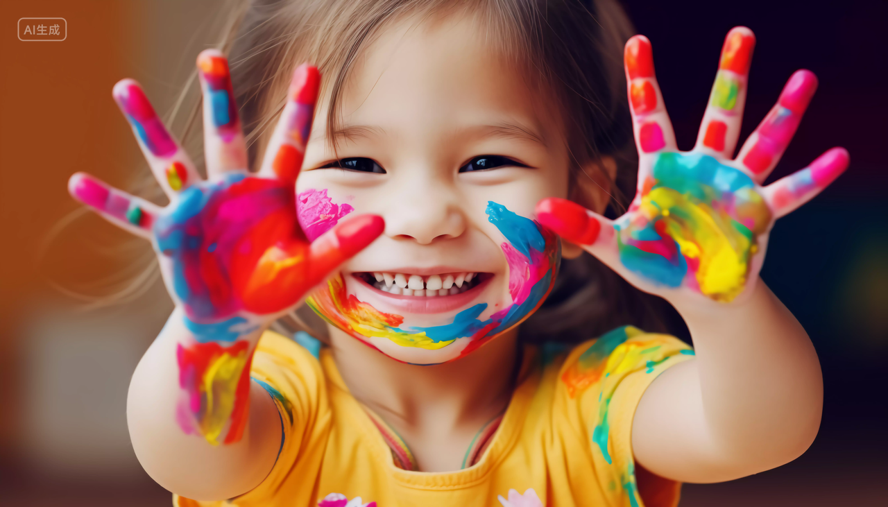 快乐的孩子五颜六色彩绘手快乐幸福的未成年儿童小学生笑容嬉戏玩耍