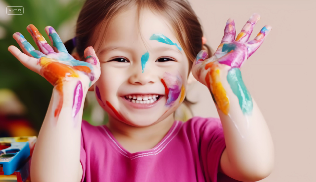 快乐的孩子五颜六色彩绘手快乐幸福的未成年儿童小学生笑容嬉戏玩耍