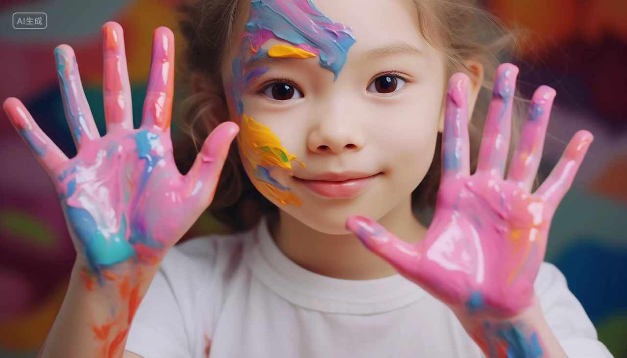 快乐的孩子五颜六色彩绘手快乐幸福的未成年儿童小学生笑容嬉戏玩耍