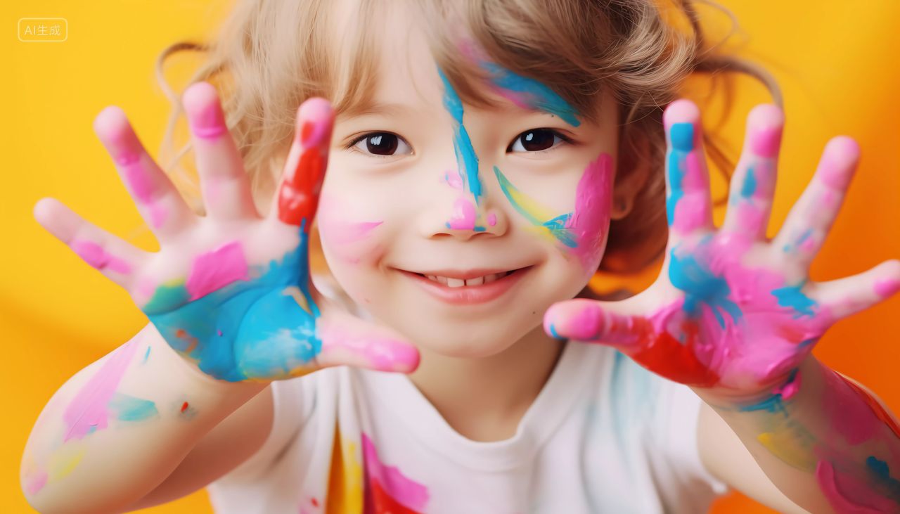 快乐的孩子五颜六色彩绘手快乐幸福的未成年儿童小学生笑容嬉戏玩耍