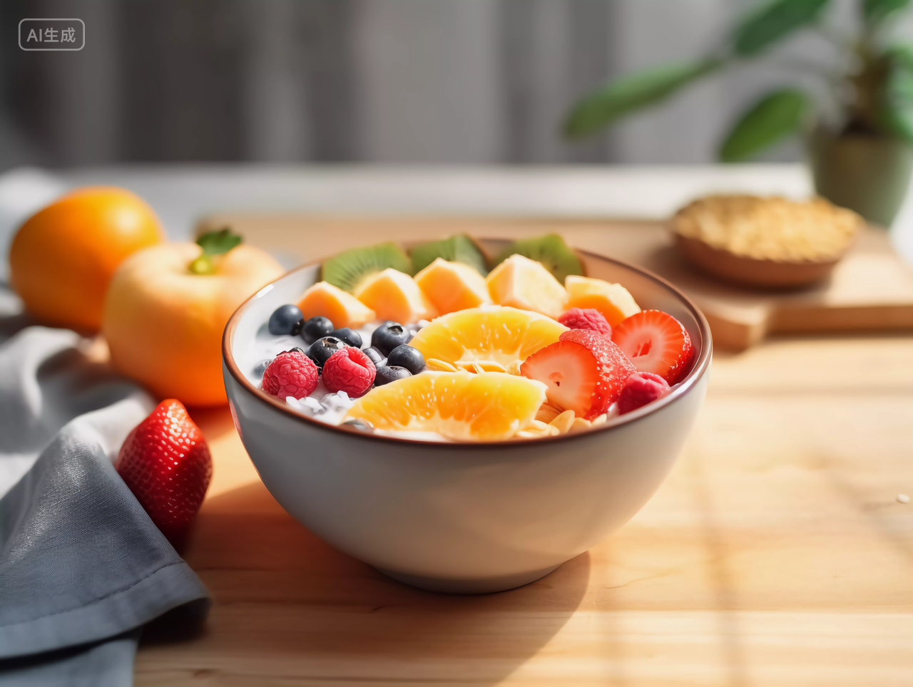 木桌上的一碗水果沙拉酸奶水果沙拉新鲜水果健康生活营养有机食物美味