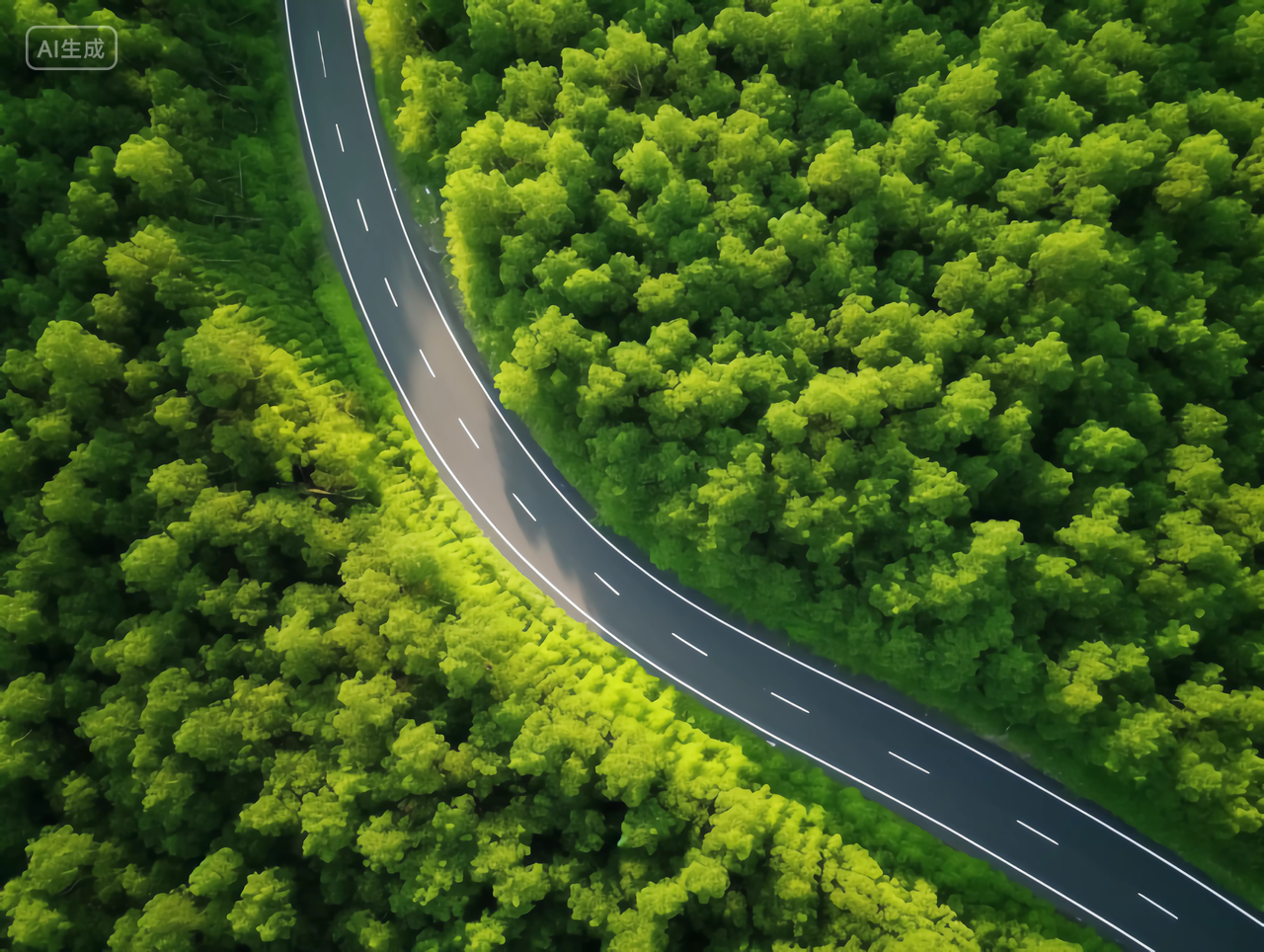 绿色森林公路航拍镜头俯视视角户外旅游风景图