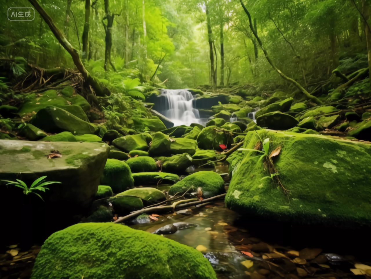 绿色原始森林青苔苔藓石头流动的溪流溪水景观生态312植树节图