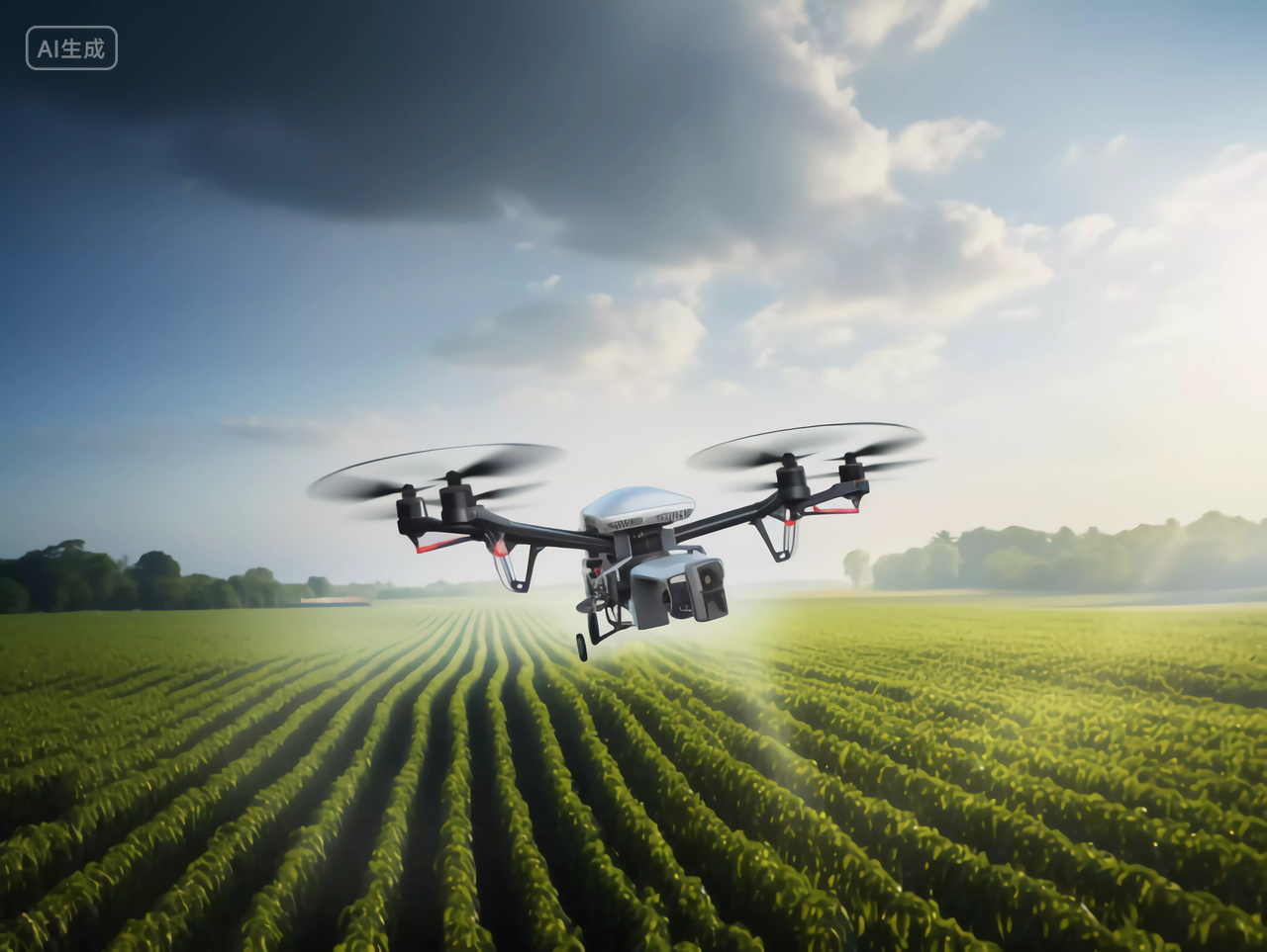 一台民用无人机现代化智能农业科技农业无人机自动化灌溉喷洒农田高科技助农航拍场景