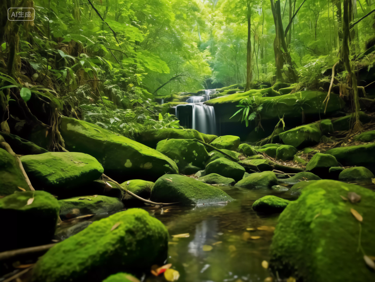 绿色原始森林青苔苔藓石头流动的溪流溪水景观生态312植树节图