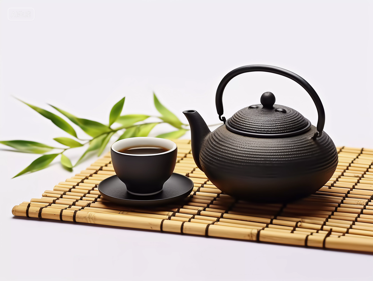 二十四节气夏至24节气夏至茶茶叶茶道竹叶与雅致深色的茶杯茶壶茶具茶文化茶道中国传统饮品茶水