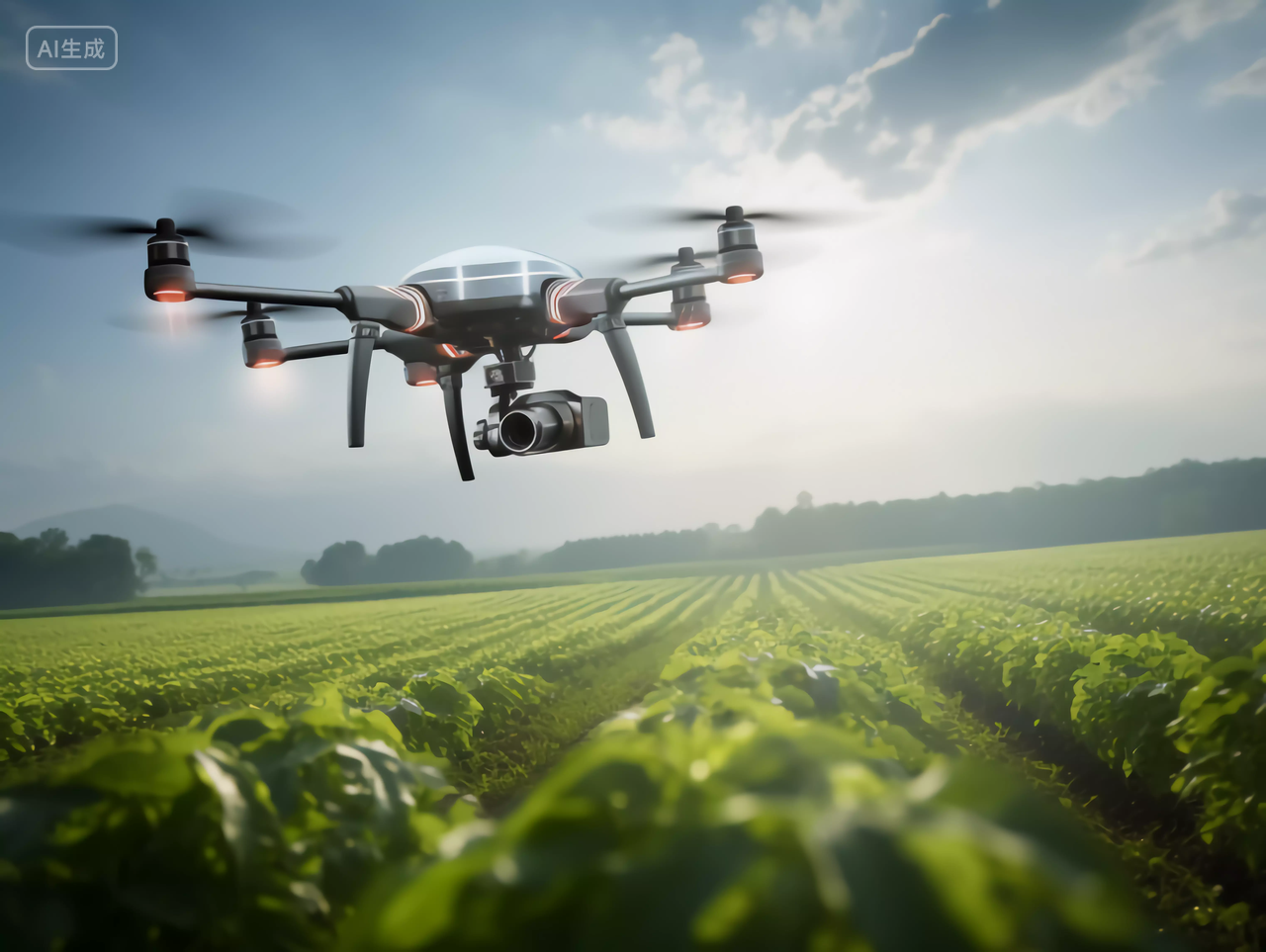 一台民用无人机现代化智能农业科技农业无人机自动化灌溉喷洒农田高科技助农航拍场景