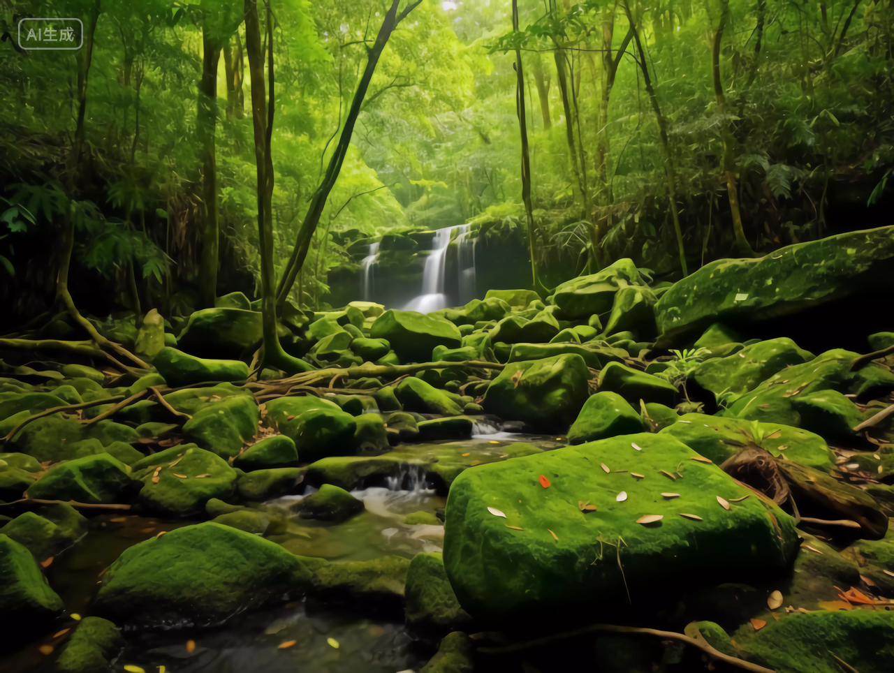 绿色原始森林青苔苔藓石头流动的溪流溪水景观生态312植树节图