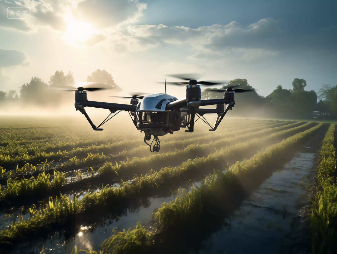 一台民用无人机现代化智能农业科技农业无人机自动化灌溉喷洒农田高科技助农航拍场景