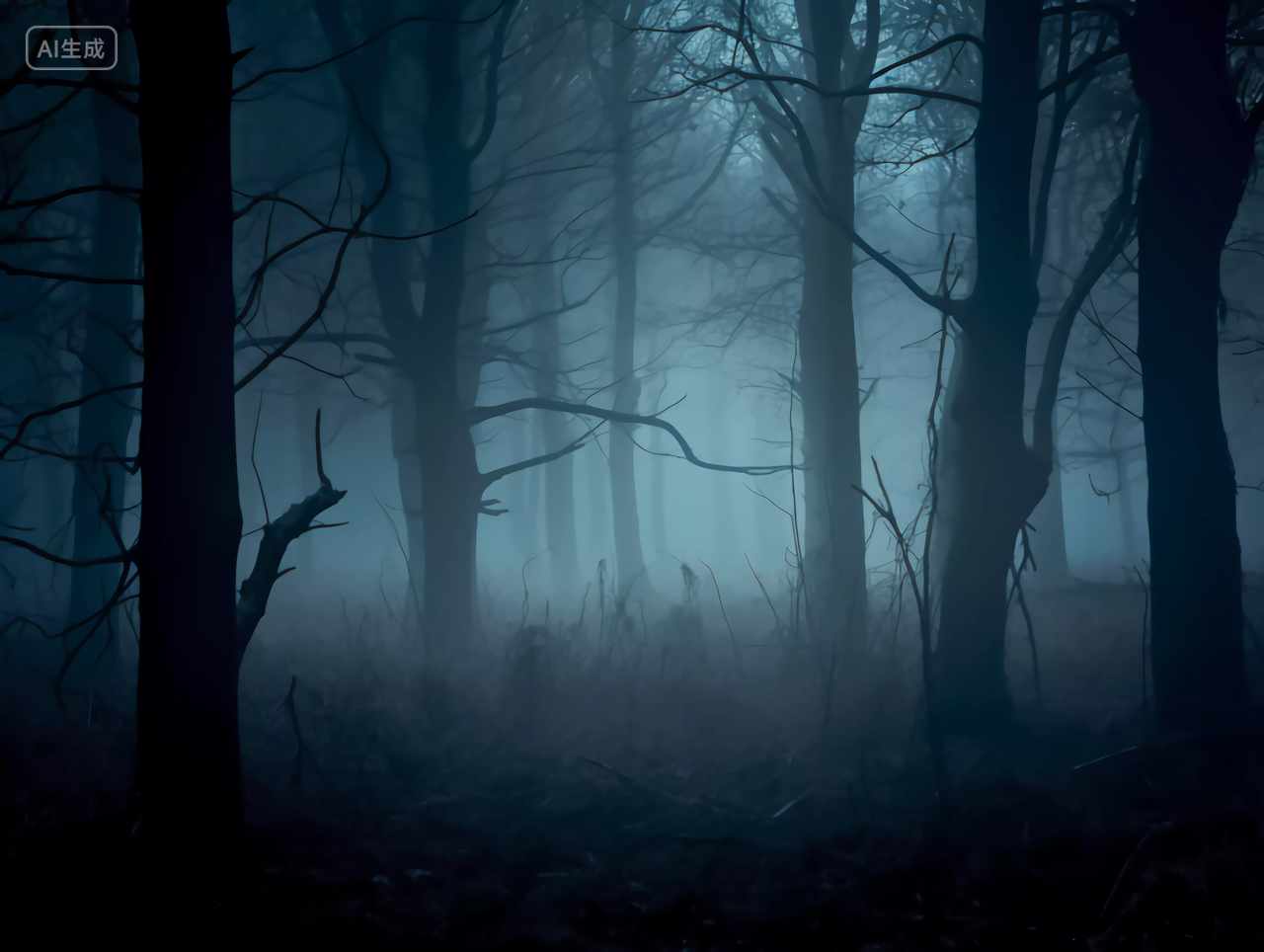 恐怖森林浓雾中静谧神秘未知感的森林深处风景图