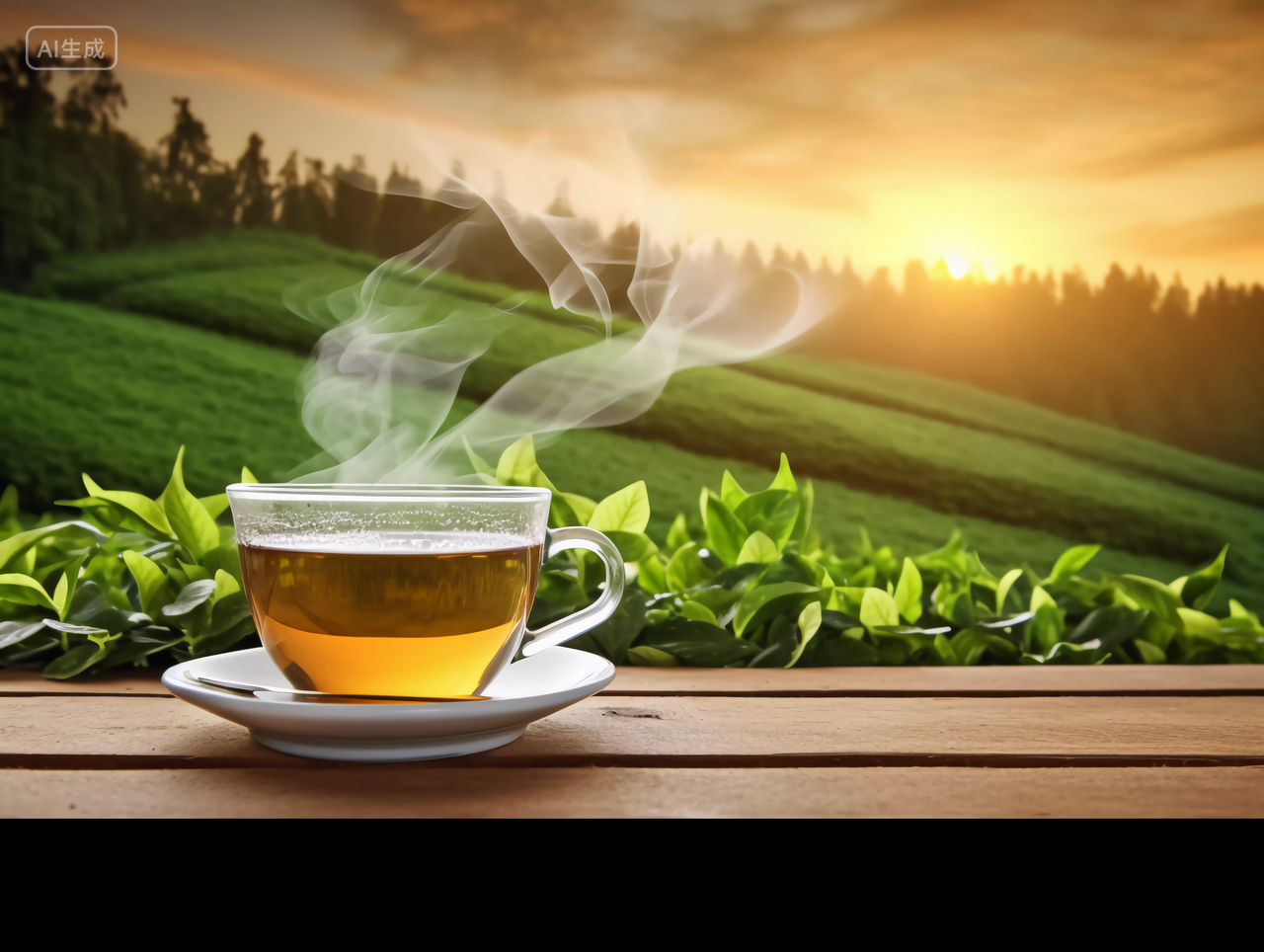 茶园背景前木桌上摆放的一杯热茶图片茶道中国传统饮品茶水