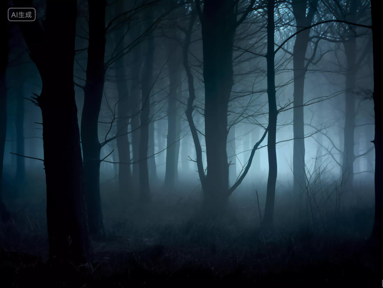 恐怖森林浓雾中静谧神秘未知感的森林深处风景图