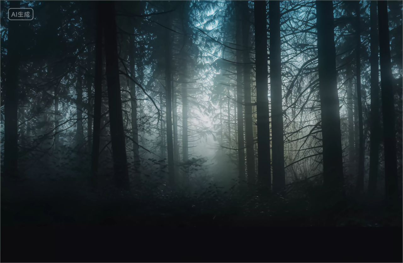恐怖森林浓雾中静谧神秘未知感的森林深处风景图