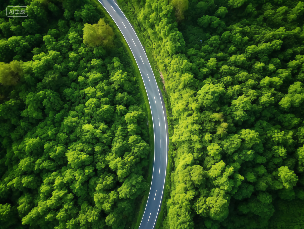 绿色森林公路航拍镜头俯视视角户外旅游风景图