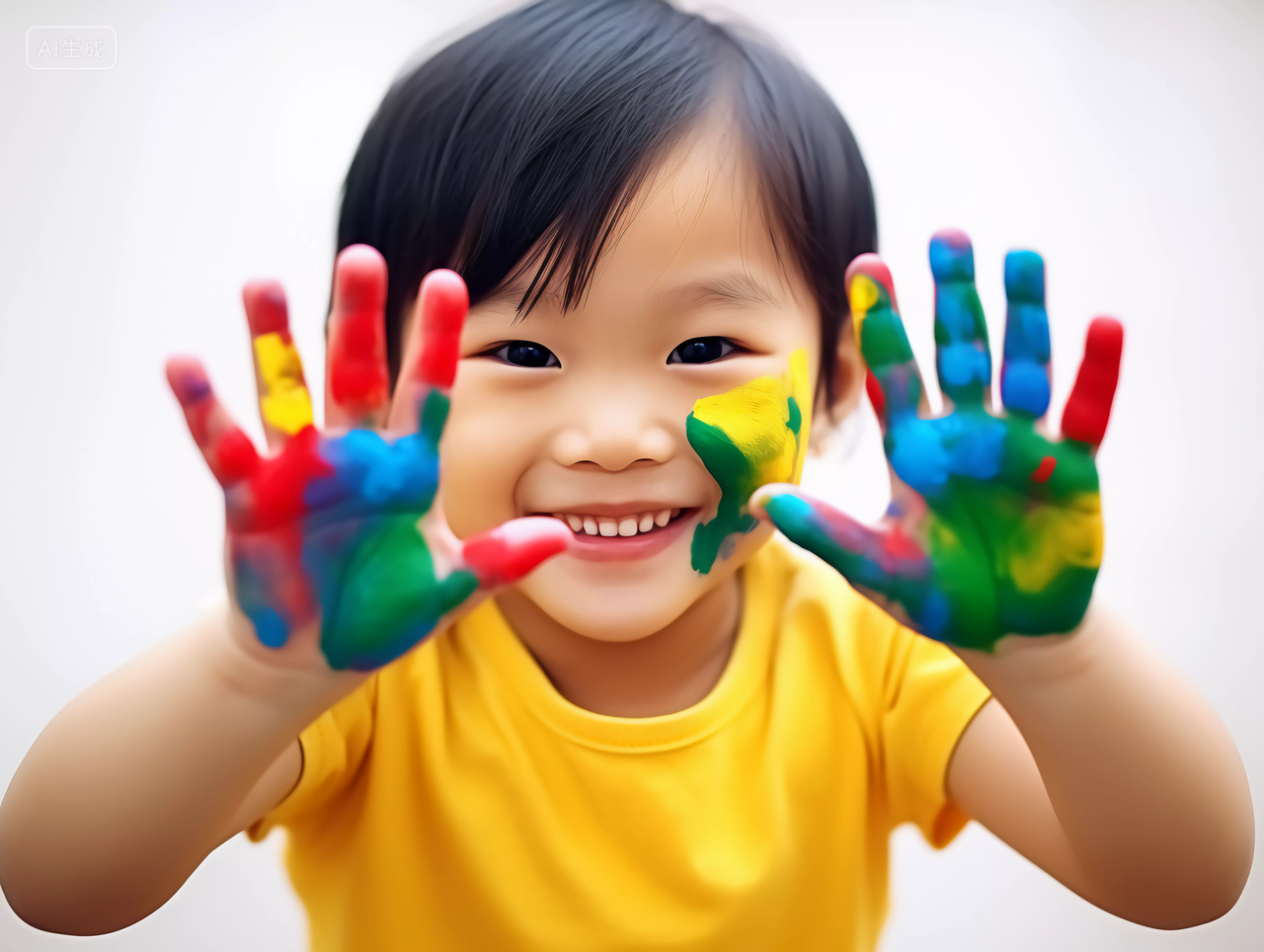 快乐的孩子五颜六色彩绘手快乐幸福的未成年儿童小学生笑容嬉戏玩耍