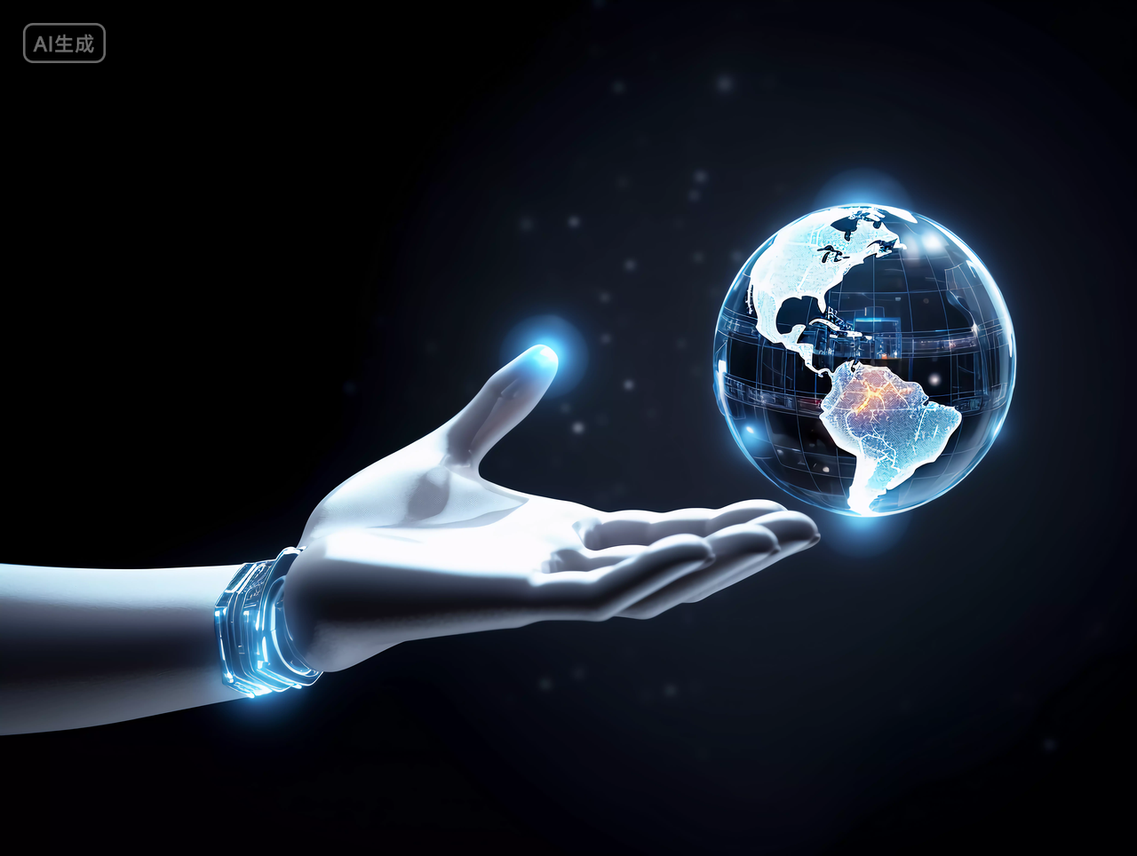 人工智能AI未来科技机械手臂3D机器人手技术和科学概念机器人手展示蓝色地球仪